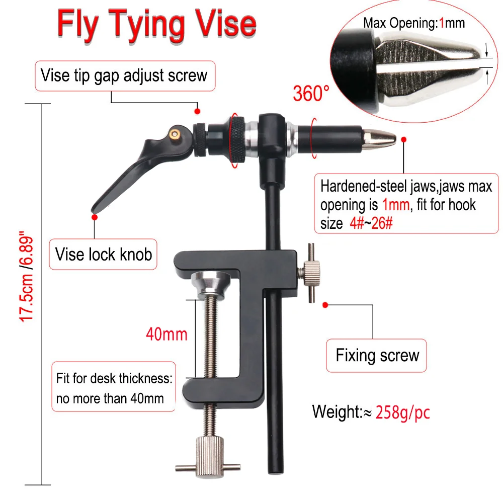 Vampfly 360 ° Drehbarer C-Klemmen-Fliegenbindestock mit gehärteten Stahlbacken, Fliegenbindestock-Werkzeug für Trocken-, Nassfliegen, Minnows, Streamer und Forellenfischen – Detail 2