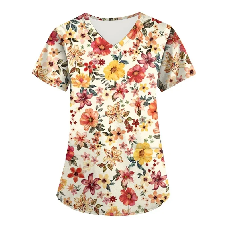 Women's printed short-sleeved medical workwearTShirt Comfortable and breathable dental clinic beauty salon pet hospital nurse