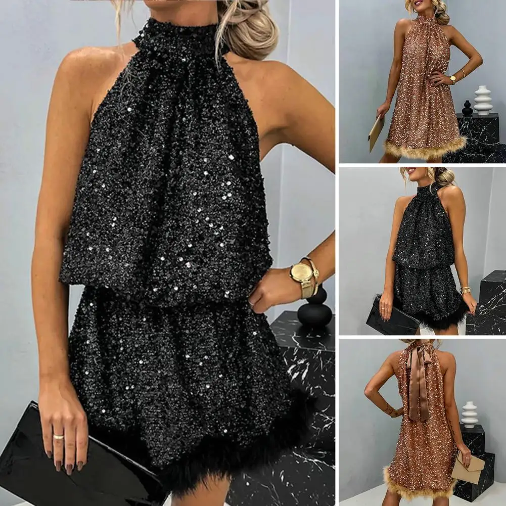 

1Pc Sequin Halter Neck Dress Elegant Sequin A-line Evening Dress with Off Shoulder Design Lace-up Tight Waist Dress for Lady