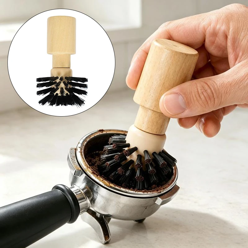 Coffee Portafilter Cleaning Brush 50/55mm Wooden Handle Non-Shedding Bristles Suitable for Portable Coffee Kit Cleaning