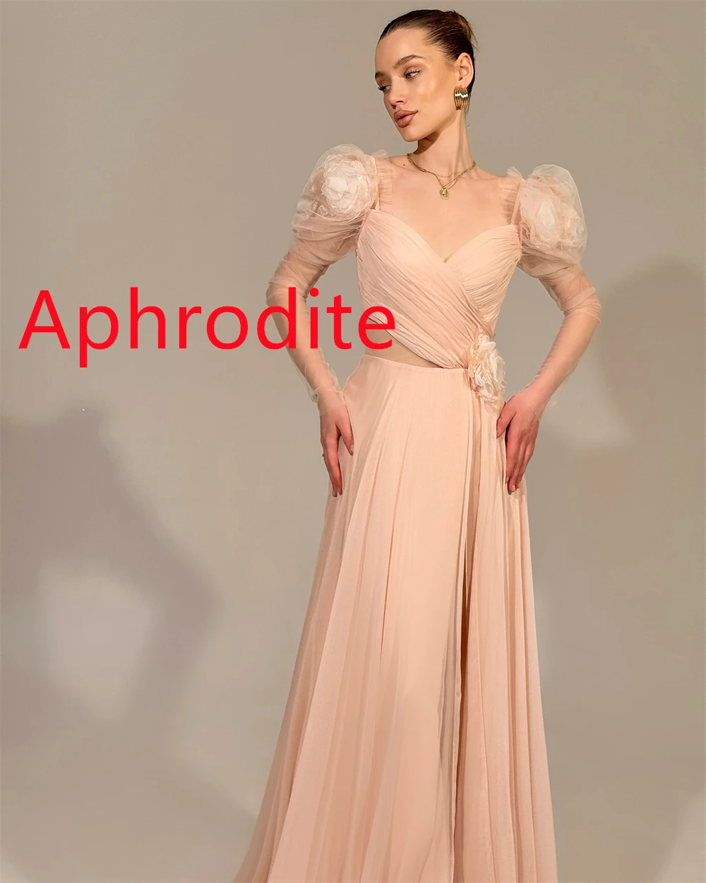 Customized Simple Champagne Chiffon Evening Dress Exquisite Square Collar Puff Sleeves Long Sleeves Special Occasion Gowns