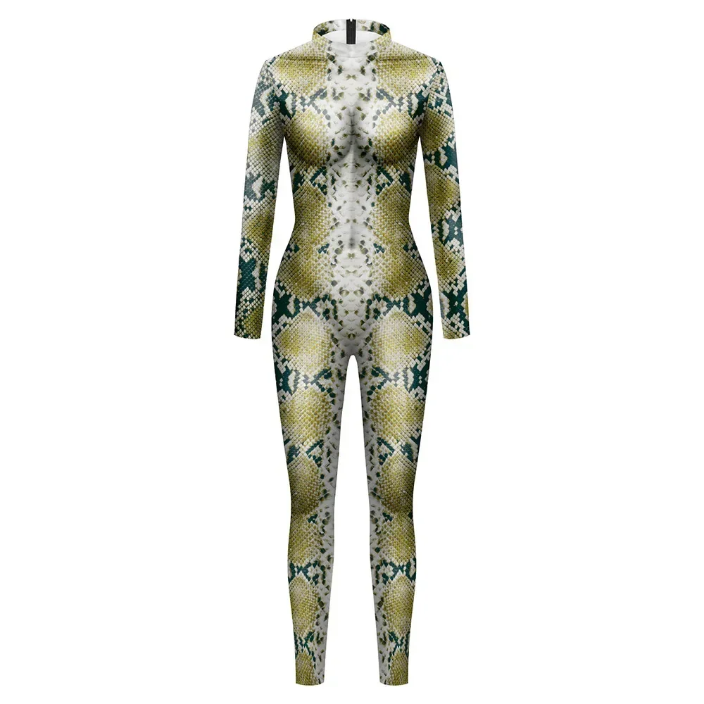 Women Men Python Snake 3D Print Jumpsuit Elastic Tight Bodysuit Halloween Cosplay Costumes Party Role Play Dress Up Outfit