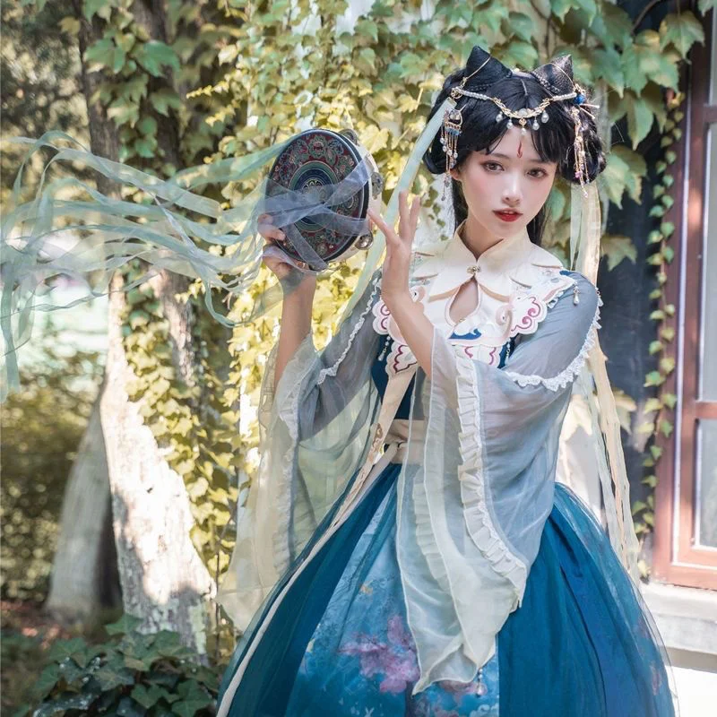 Full Set Moonlight Lake Op Long Sleeve Lolita Han Elemental Ancient Style Cloud Shoulder Lolita Dress Fairy Hanfu