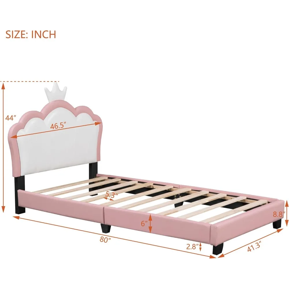 Twin Size Princess Bed Frame with Crown Shaped Headboard for Kids,Upholstered Platform Bed with Slats Support,Twin Girls Bed