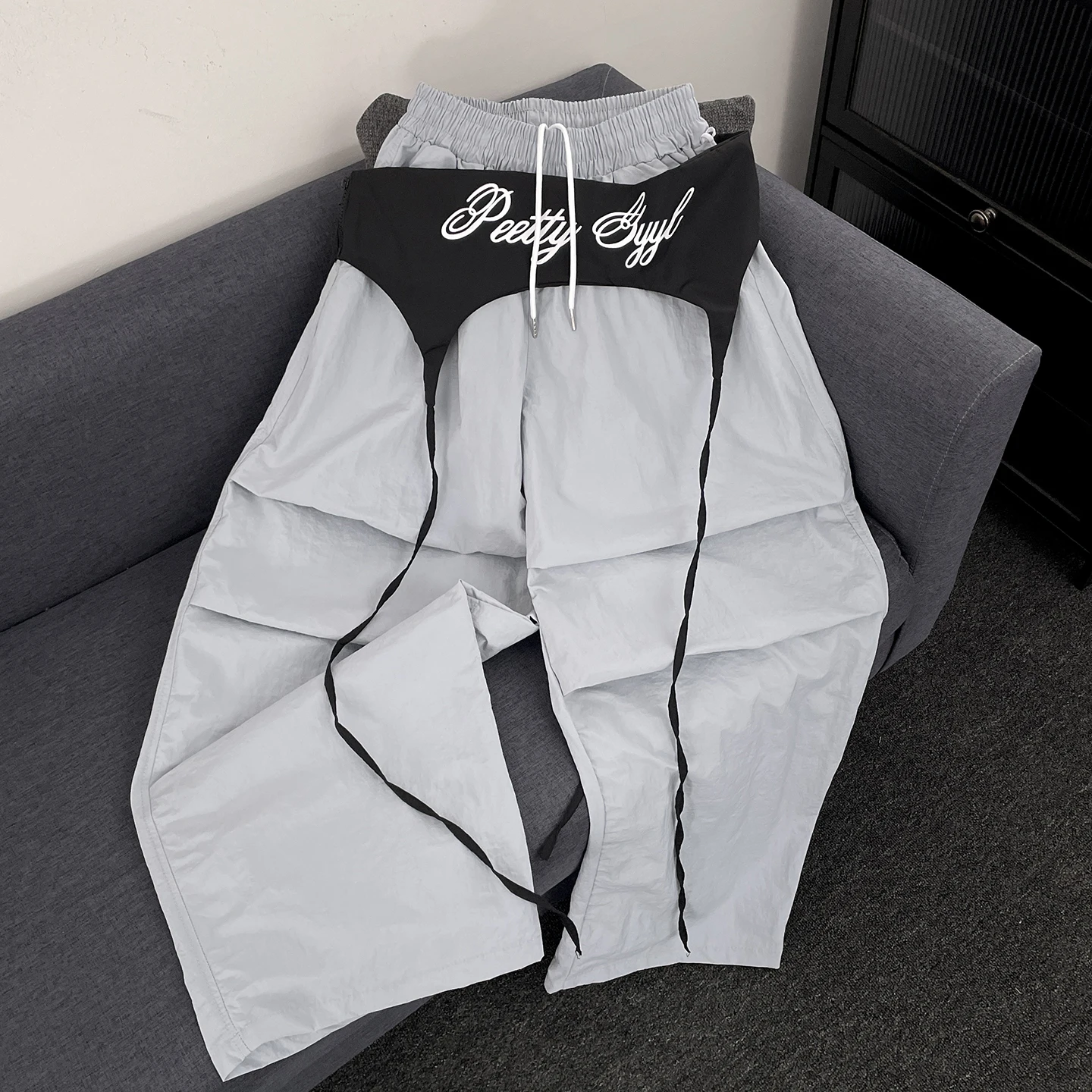 

American Design Sense Color Blo Waisand Wide Leg Pants Men's Spring Summer Street Hip Hop Dance Pants Paratrooper Pants