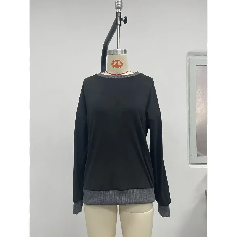 European and American Autumn Fashion Ribbed Trim T-Shirt Color-Blocked Women's Round Neck Long Sleeve Loose Top