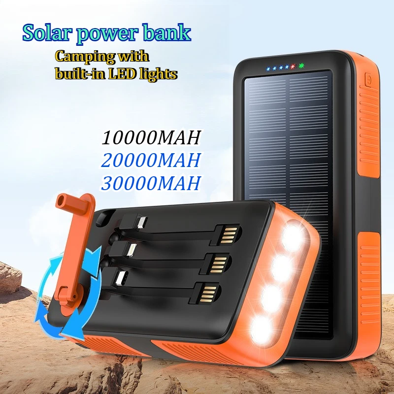

Портативное зарядное устройство 30000 мАч с ручным приводом и солнечной панелью 10 Вт, со встроенным кабелем и LED-подсветкой, для кемпинга