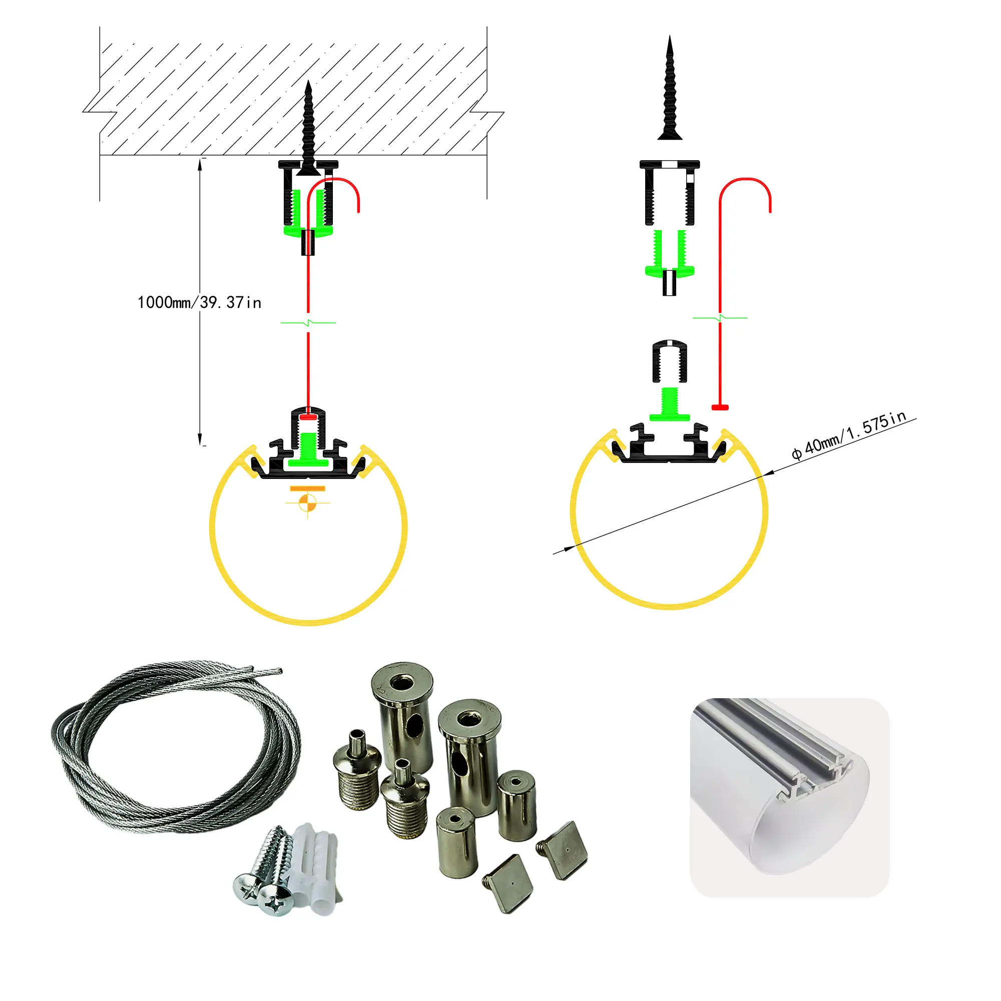 

Linear Light Suspension Cable Single/Double Head 1m 1.5m 2m Ceiling Mounting Durable Steel Wire