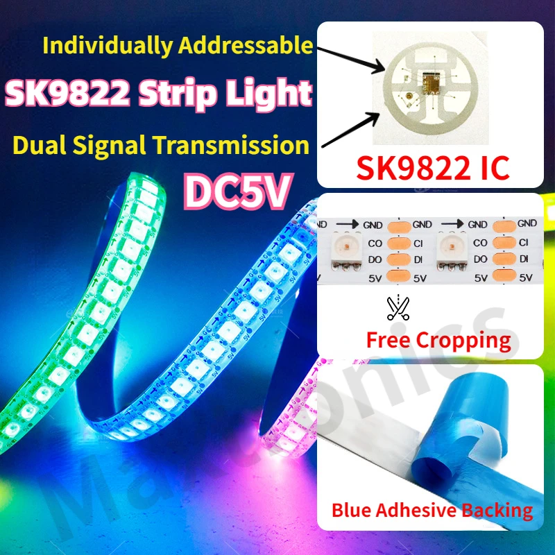 

DC5V SK9822 Led Strip Light Individually Addressable Similar APA102 30/60/144LED/M RGB Dual Signal Transmission Separately1M/5M