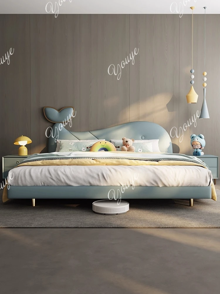 

J Wood Small Household Modern Simple Blue Pink Cartoon Leather Bed Second Bedroom Household 1.5 Meters Solid