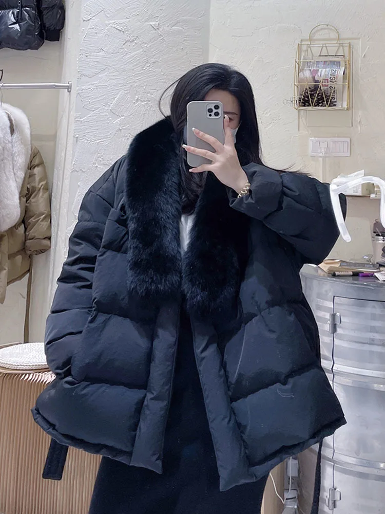 Big Real Fox Fur 2022 Fashion Winter 90% Duck Down Jacket Women Slim Fit Waist Tie Short Puffer Coat Female Feather Parkas