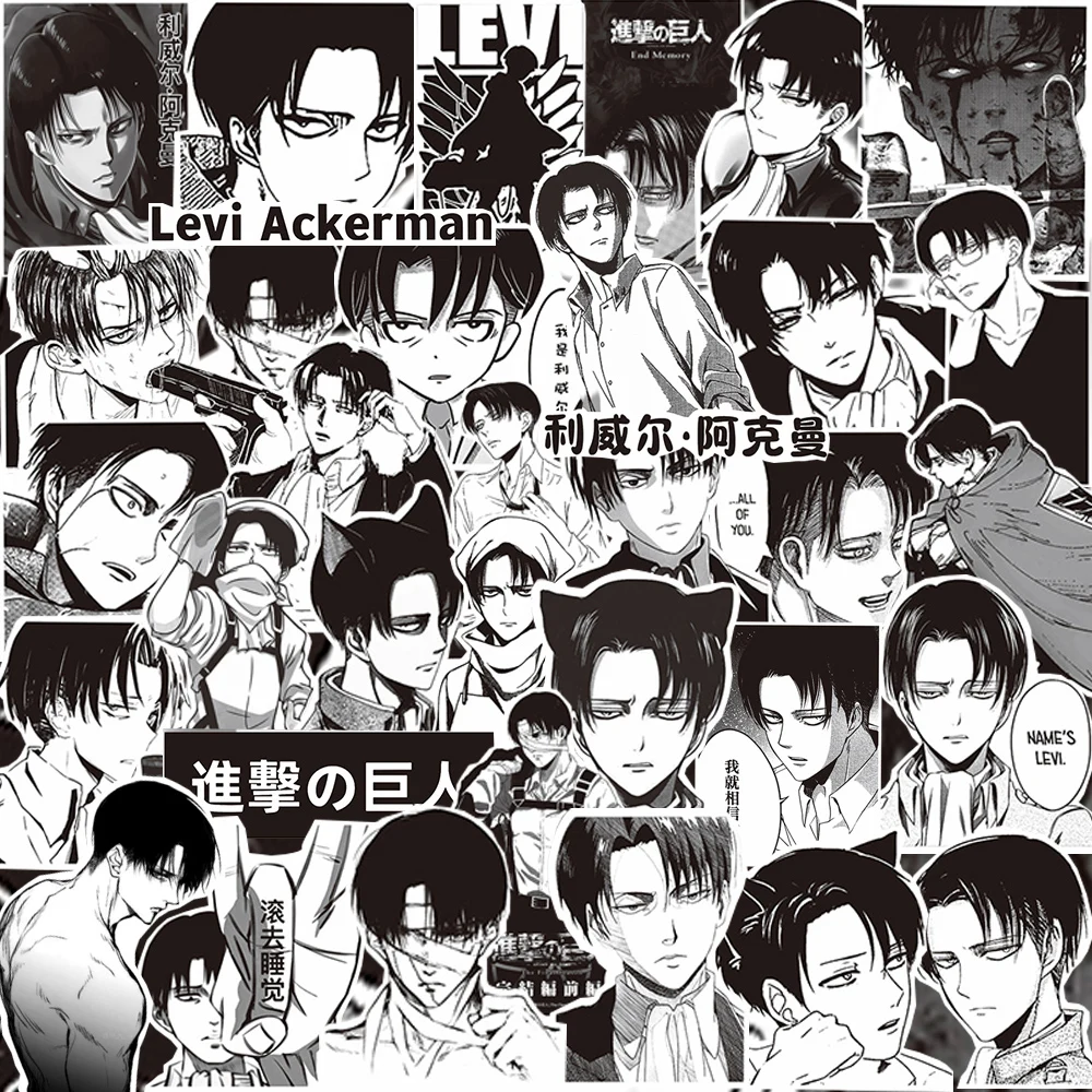 10/30/65pcs Black and White Attack on Titan Levi Ackerman Stickers Cool Cartoon Decals Diary Laptop Helmet Classic Anime Sticker