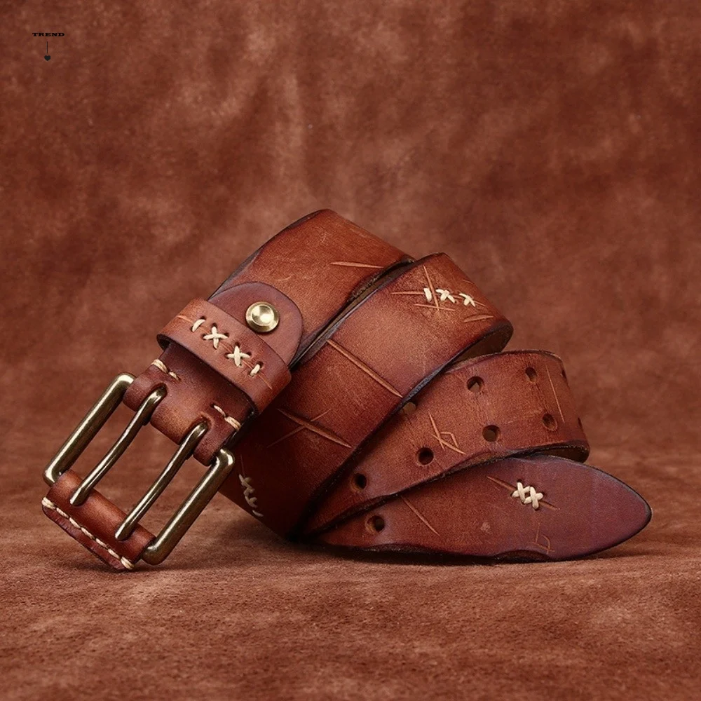 

4mm-Thick Cowhide Belt Solid Brass Double-Slotted Double-Pin Girdle 3.8cm-Wide Rugged-Edge Handcrafted Waistpiece Concert Attire