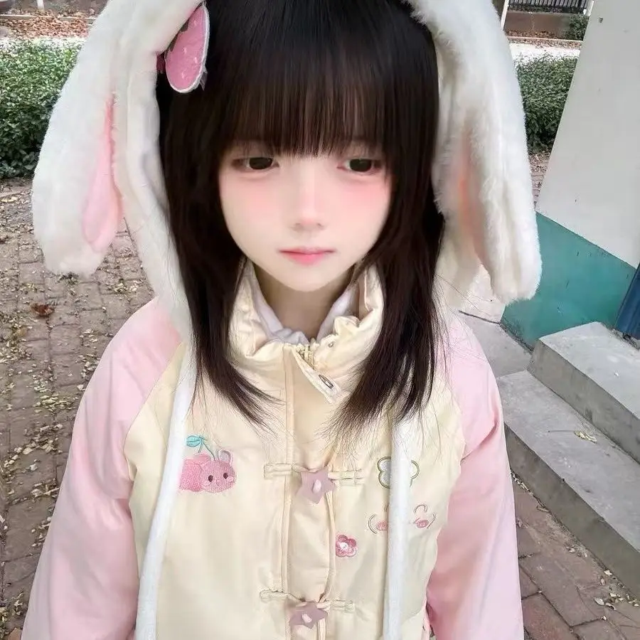 Cute Original Winter Coat Loose All Match Cartoon Rabbit Ear Zipper Hoodie Sweet Girl Thicken Puffer Jacket Coat Women