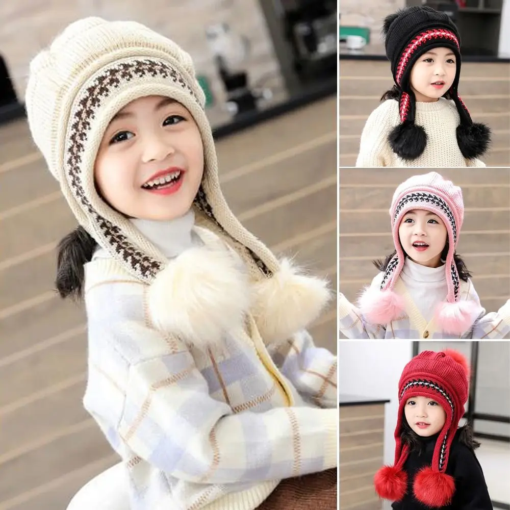 New Autumn Winter Knitted Beanie Hat Cute Pom Pom Fur Ball Ear Protection Cap Thickened Warm Hat Children