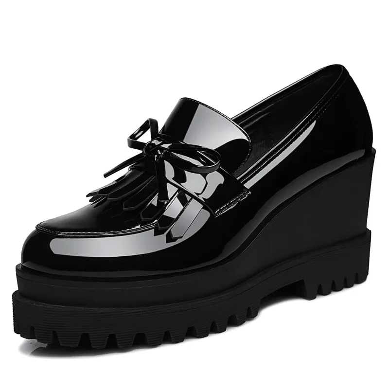 Patent Leather Wedge Loafers Tassel Bow Pumps Women Shoes Shallow Mouth Comfy Light Fashion Office Shoes for Women Plus Size 43