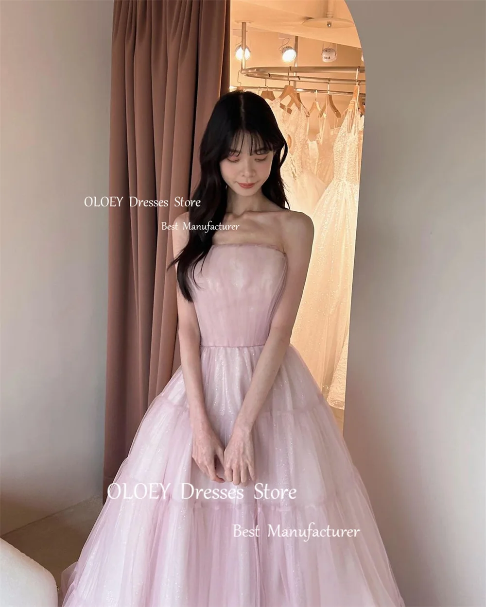 OLOEY Elegant Glittery Strapless Prom Dresses Korea Wedding Photoshoot Silky Tulle Evening Dresses Floor Length Corset/Zip Back