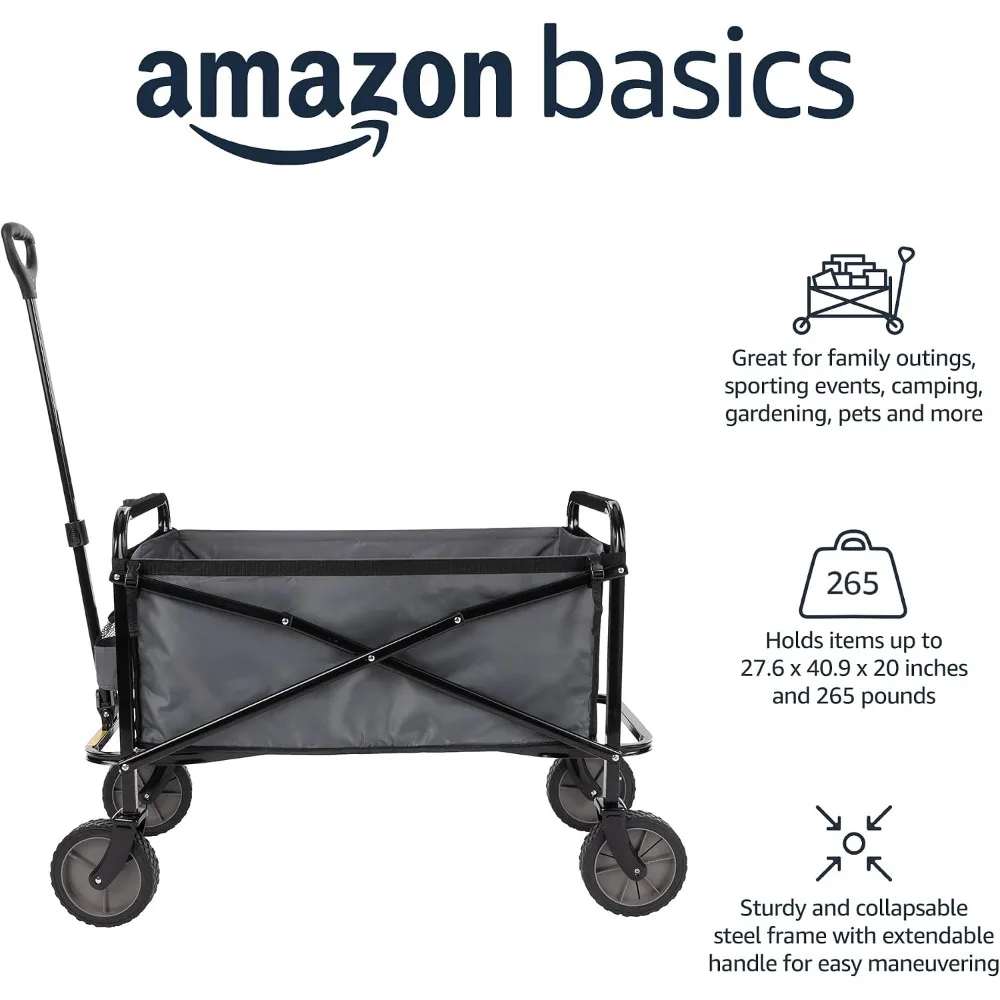 Heavy Duty Utility Wagon 265 lbs Capacity for Outdoor Sports, Camping, Garden, Shopping, Collapsible with Storage Bag, Gray