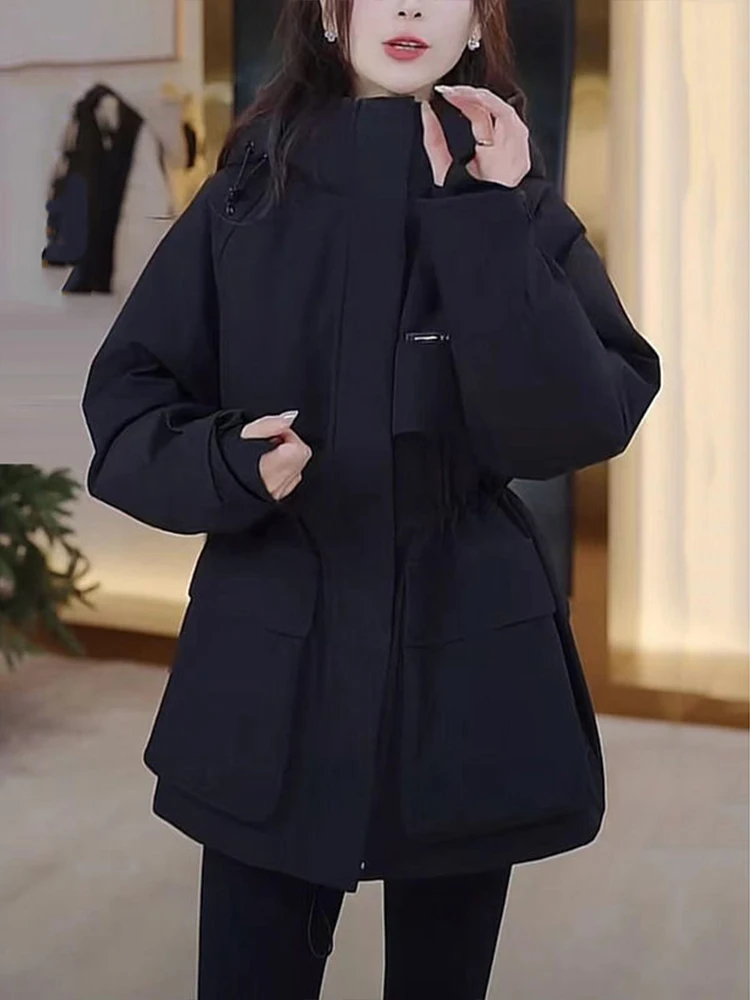 Padded Parka Women's Thickened Warm Casual Fashionable Waist-Cinching Winter Coat Zipper Closure Long Sleeve Hooded Jacket