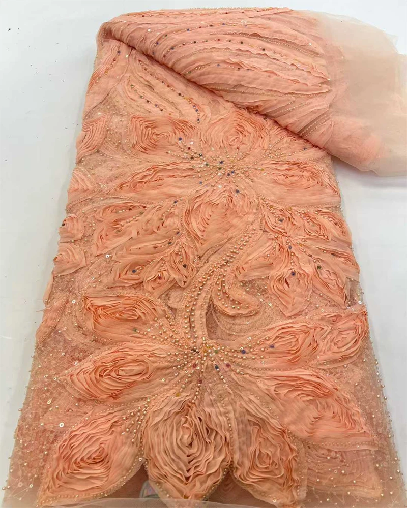 

African Sequins Beaded Lace Fabric High Quality Sequence Embroidery French Nigerian Lace Fabric for Wedding Dress