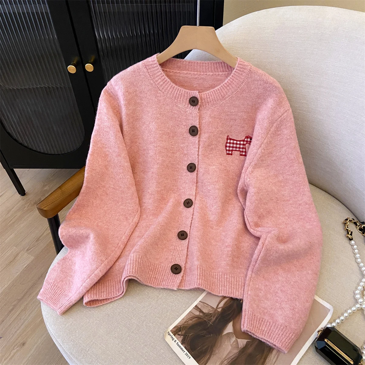 

Women's Pink O-Neck Cardigan Sweater Harajuku Vintage 2000s Y2k Korean Style Loose Long Sleeve Cutecore Cashmere Sweater Autumn