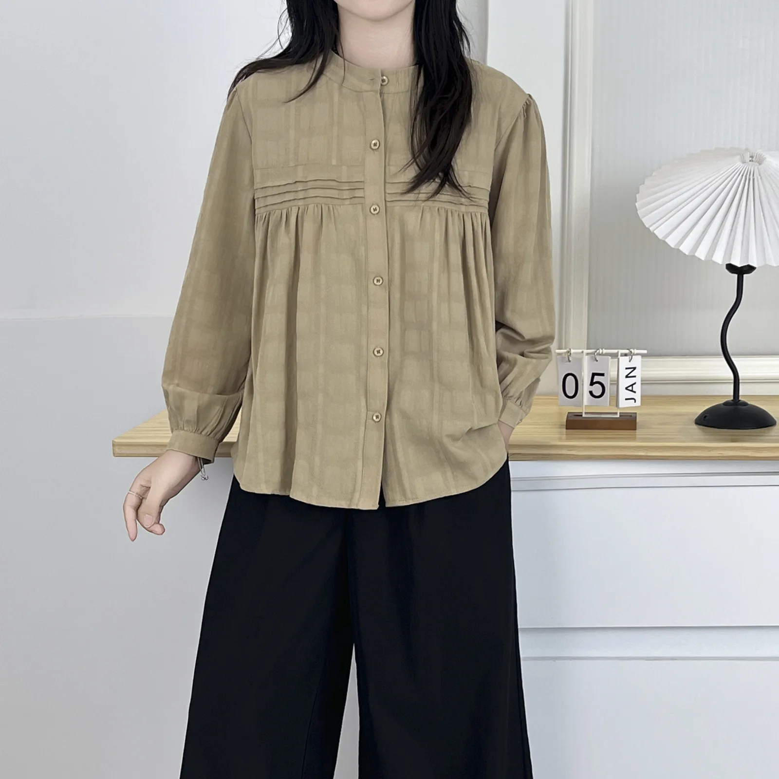 Moda plus size blusas femininas outono simples dobra jacquard algodão camisa de manga longa casual o-pescoço topos 6186