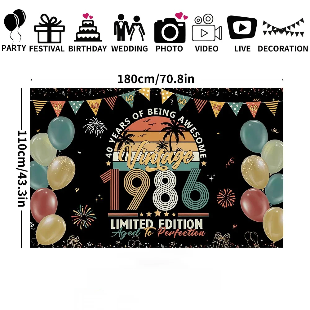 Vintage-Hintergrund zum 40. Geburtstag von 1986, Retro-Hintergrund mit der Aufschrift „40 Years of Being Awesome“ mit Palme und Sonnenuntergang für die Party – Detail 3