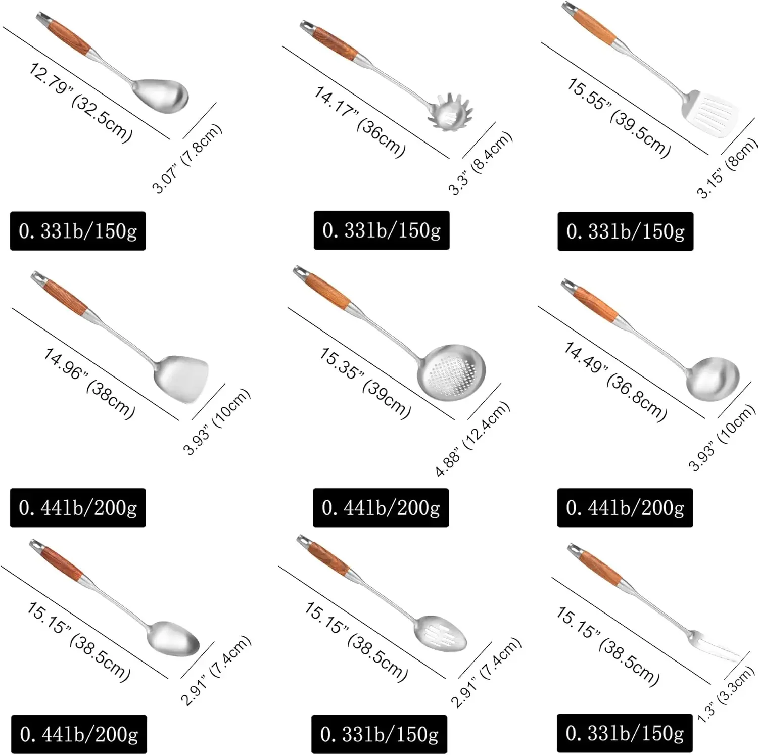 304 Stainless Steel Kitchen Utensils Set with Wooden Handle for Cooking 9 PCS with Solid Spoon, Slotted Spoon, Fork, Spatula