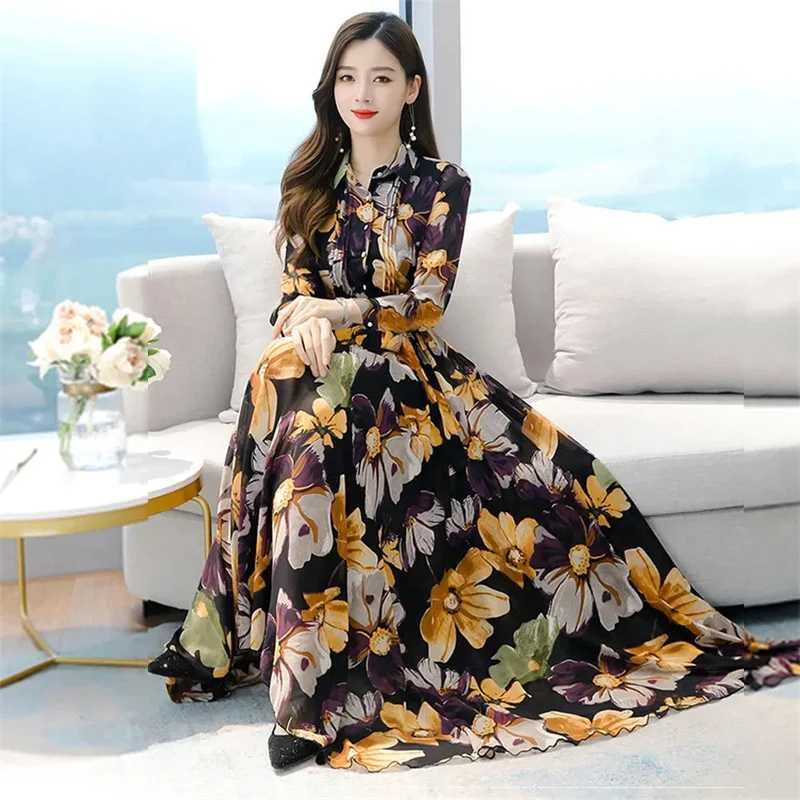 2025 Spring Long Sleeve Beach Maxi Dress Korean Fashion Chiffon Elegant Blue Tunics Casual Floral Evening Dresses For Women