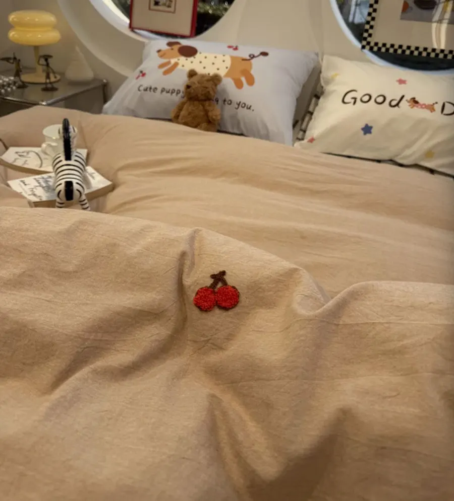 Cute embroidery dog dachshund brown stripe bed set,twin full queen king lovely cotton home textile sheet pillow case quilt cover