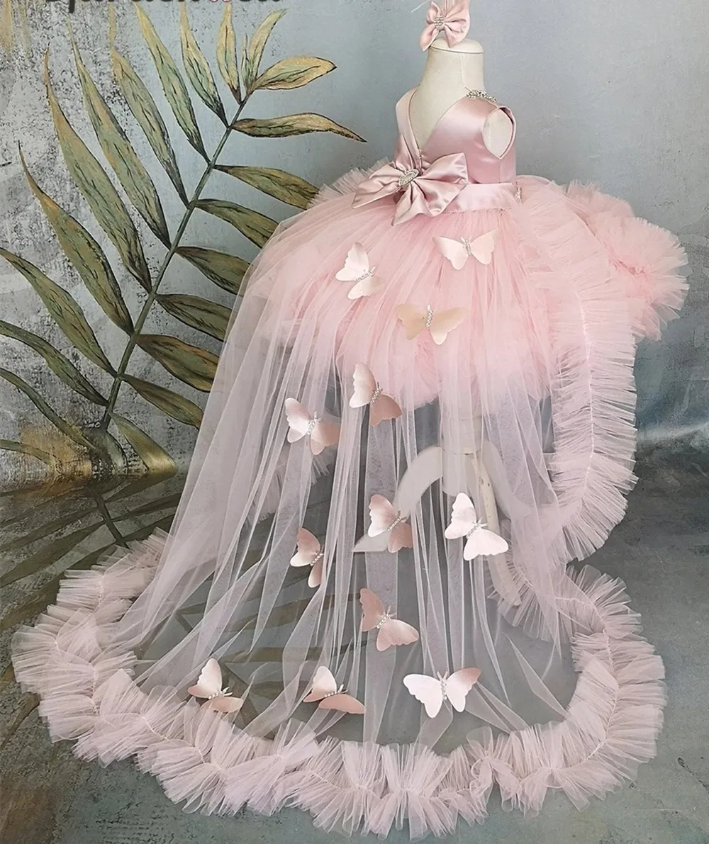 Vestido rosa de flores para niña, traje de tul con diamantes de imitación, mariposa hinchada, fiesta de cumpleaños, boda, vestido de baile con volantes, bata de desfile para niño