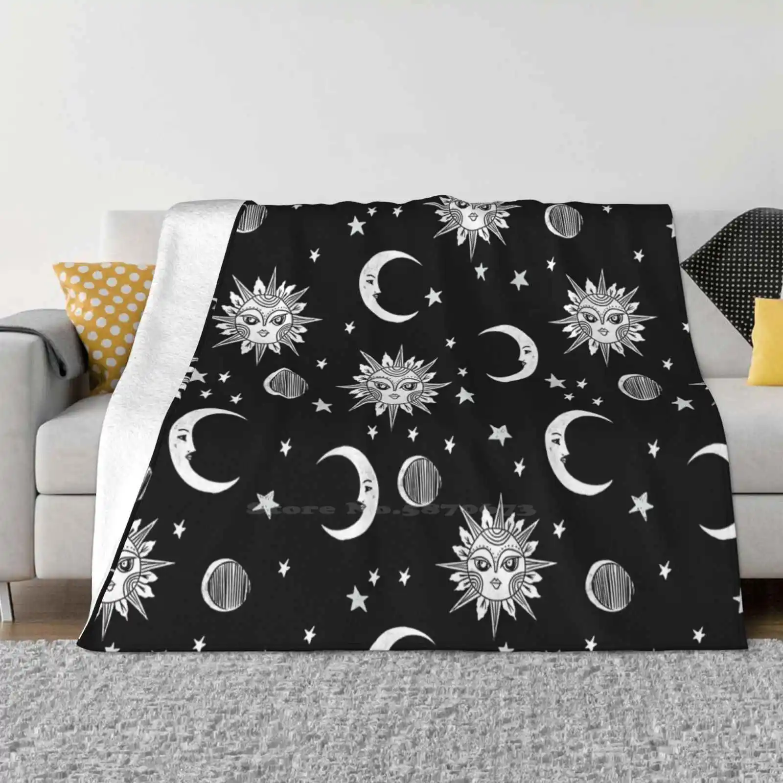 Linocut Black And White Sun Moon And Stars Outer Space Zodiac Astrology Gifts Latest Super Soft Warm Light Thin Blanket Linocut