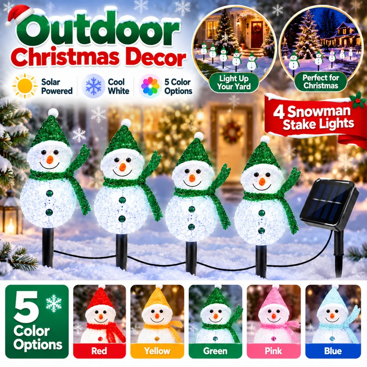 4Pack/Set Solar Snowman Stake Lights 4 Colors Optional Hat Scarf Snowman Pathway Lamp For Outdoor Lawn Yard Pathway Xmas Decor