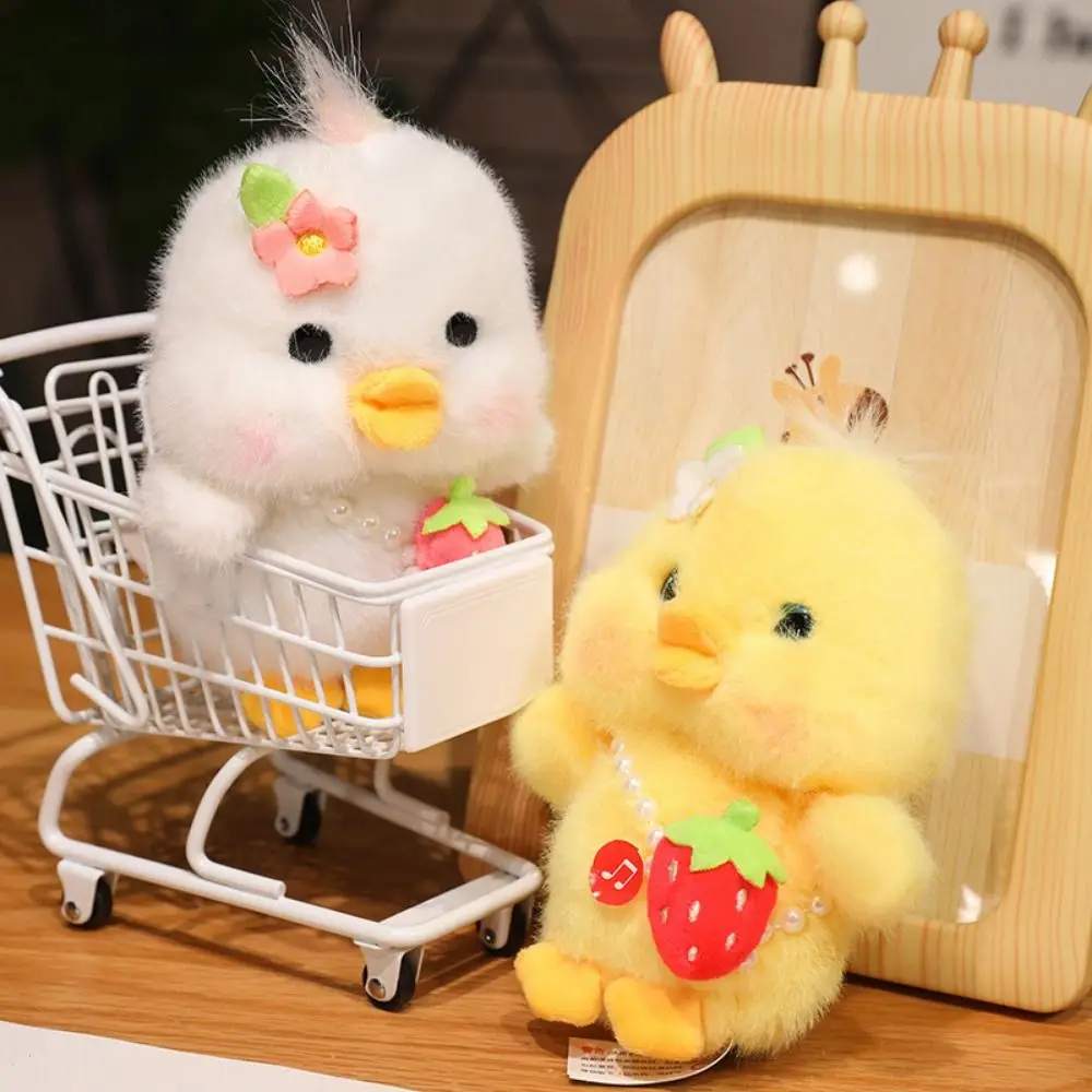 3d Eyes Duck Plush Keychain Strawberry Simulation Pressing Music Plush Pendant Soft Stuffed Yellow Duck Plush Keyring Home Decor