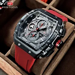 MINI FOCUS Red Tonneau Watches for Men Military Sport Chronograph Quartz Wristwatch with Date 3atm Waterproof Silicone Strap