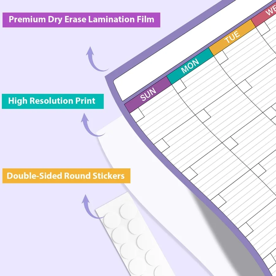 Duży kalendarz suchościeralny na ścianę - 101 cm x 71 cm, wymazywalny i wielokrotnego użytku, laminowany kalendarz bez dat, kalendarz miesięczny na ścianę, 10 okrągłych naklejek