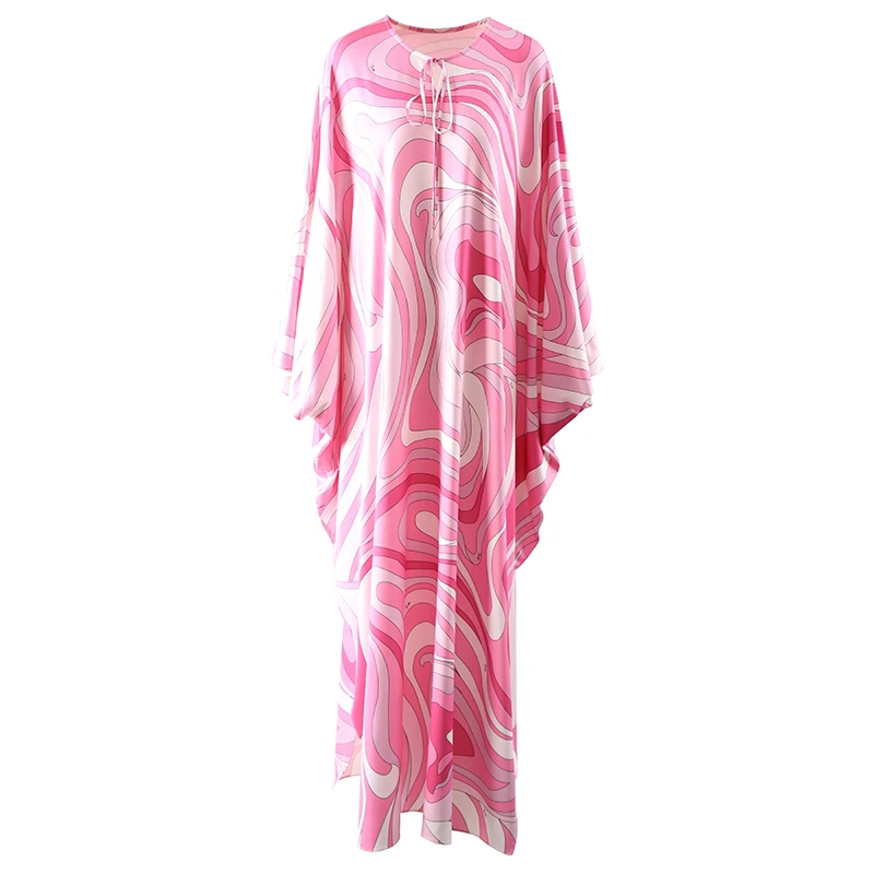 Elegant Loose Robe Dresses Autumn Women Colorful Striped Printing Fashion Batwing Sleeve Party Vacation Casual Vestidos