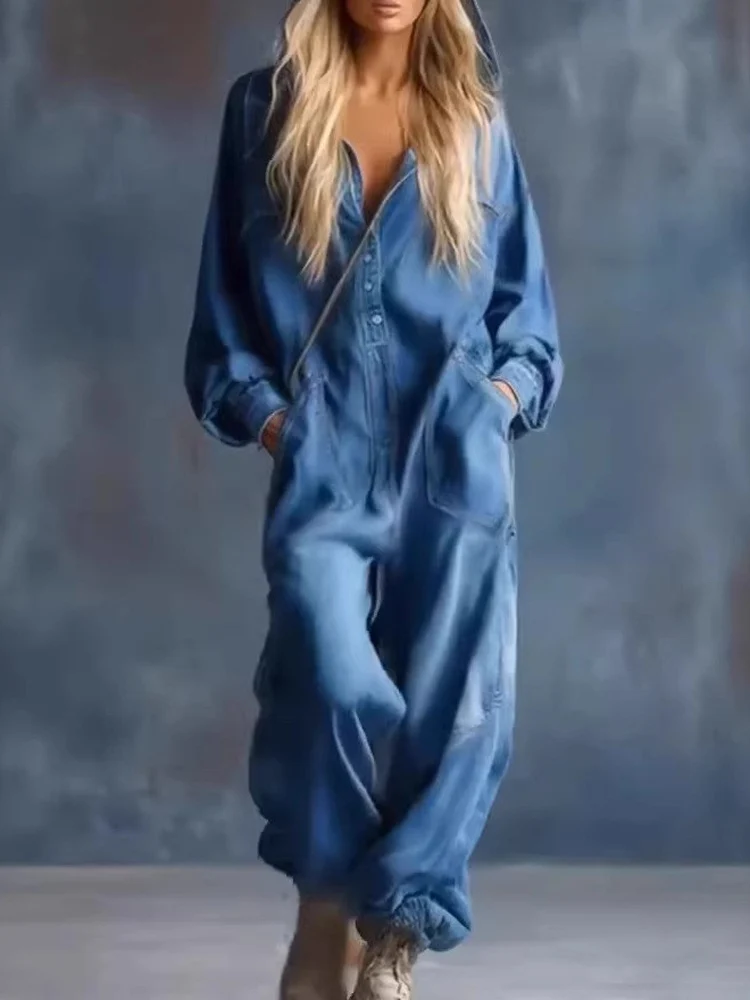 

Women's Casual Denim Print Long Sleeve Jumpsuit with Big Pockets Loose Fit Straight Leg Pants Spring 2026 Commute Style