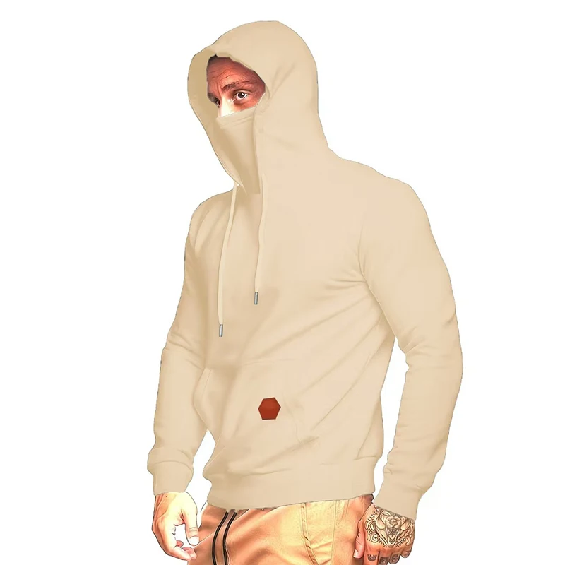 Men Casual Long Sleeve Streetwear Hip Hop Hoodie Solid Color Drawstring Hooded Sweatshirts Ninja Mask Face Pullover Clothes Tops