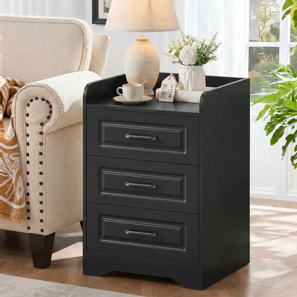 Nightstand, Night Stand With 3 Drawers, Wood End Table For Small Spaces, Bedside Storage Table For Bedroom, Black