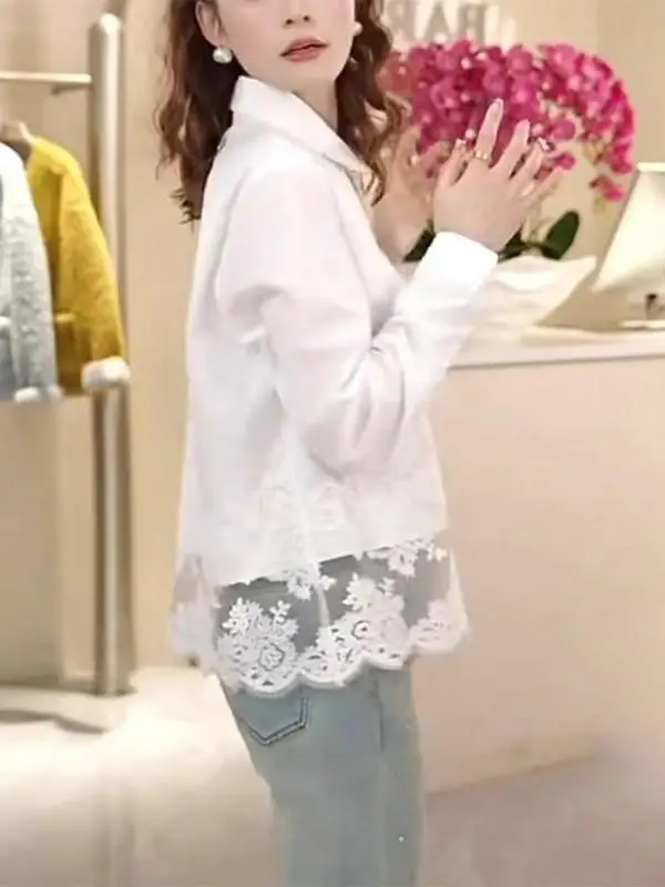 Kant Oversized Dames irt High-End Gesplitste Zoom Basis irt Vintage Woon-werk Sle Lang Sve Button-up Ademend Huidvrij...