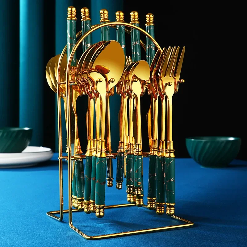 

#For 24-Piece set of gold luxury stainless steel ceramic handle tableware set, kitchen dining table tableware gift set, with