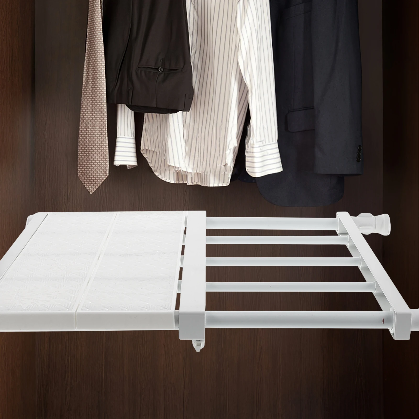 

Adjustable Tension Shelf For Closet No-Drill Expandable Wardrobe Divider Rack Multi-Functional Household Storage Organizer