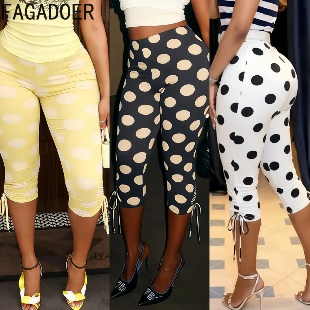 FAGADOER Fashion Polka Dot Printting Pants Woman Drawstring Strap Patchwork Bodycon Capri Pants Female Streetwear Bottoms 2026