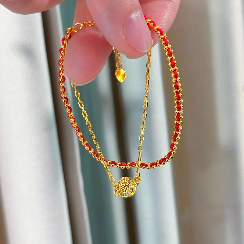 Luxury 9999 24K Real Gold Zodiac Year Double Layer Red Rope Braided Zircon with Blessing High-end Stacked Bracelets Women