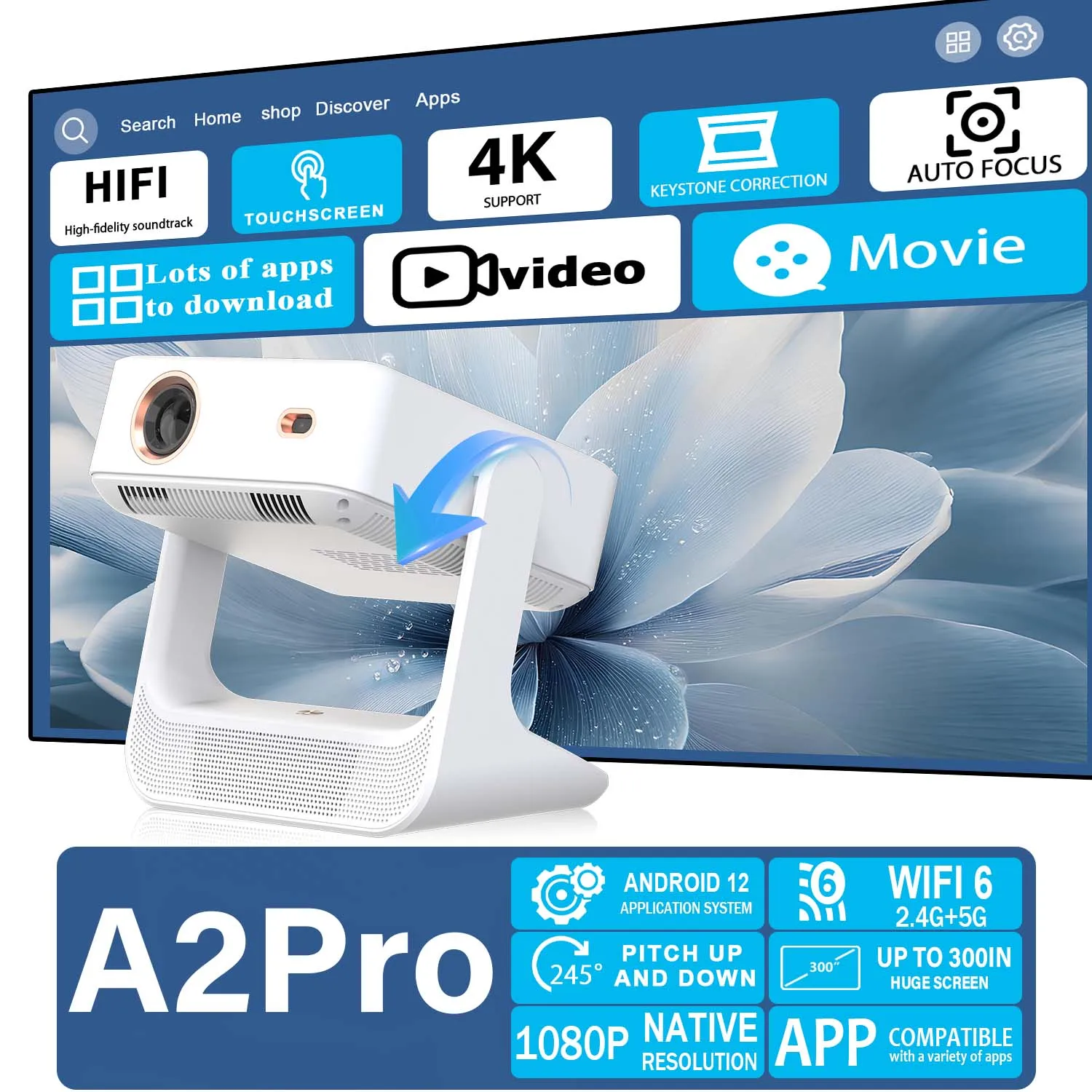 

Projector 4K HD, 8" Touch, WiFi Bluetooth, Dual Screen, HDMI USB, Mini Home Theater Gaming