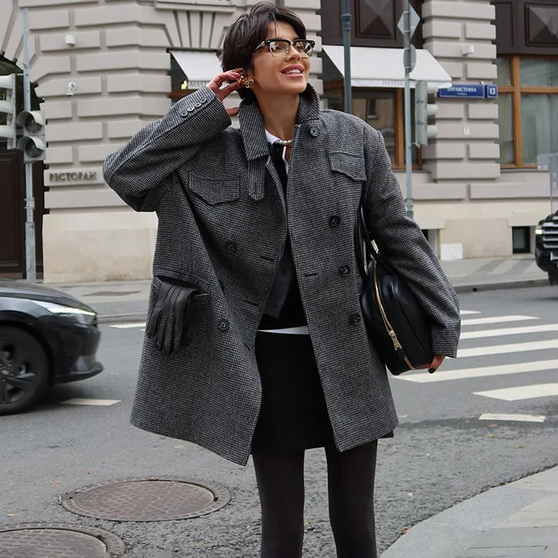 Tornova Lapel Overcoat Commuting Jacket Women's Double Breasted Streetwear Plaid Long Sleeve Coat 2025 Autumn Winter Fashion