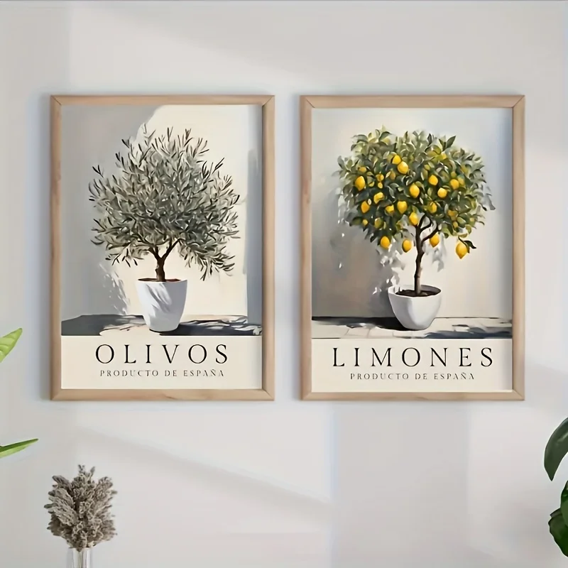 2pcs/set Olive Tree Lemon Tree Canvas Printing Mediterranean Plant Wall Art Poster for Modern Living Room Kitchen and Home Decor