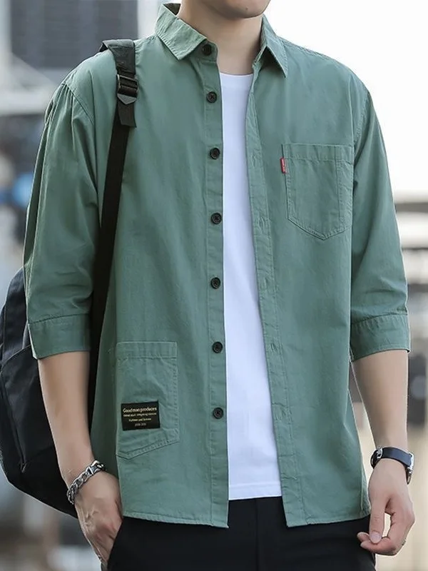 Summer New Men's Loose Casual Shirt Half Sleeve Thin Cardigan Workwear Top Fashionable Utility Pocket Polyester Fiber