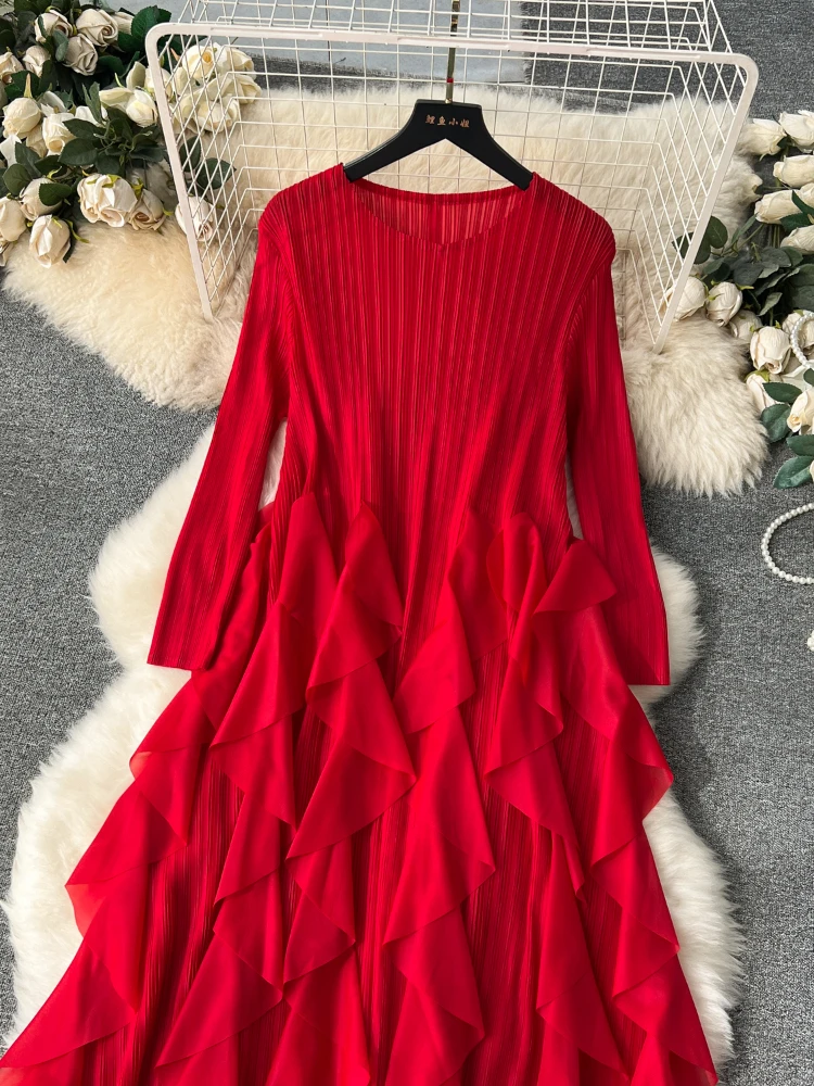 Autumn Women High Waist Pleated Ruffles Korean Version A-line Ball Gown Dress Mid Length O-Neck Long Sleeve Vestidos Spring New
